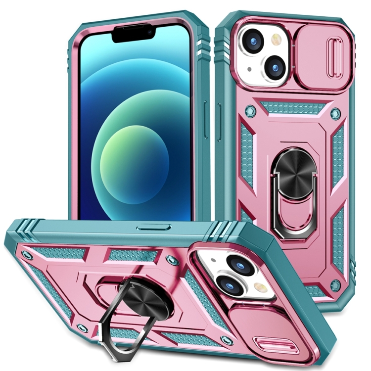

For iPhone 15 Plus Sliding Camshield Holder Phone Case(Pink+Green)