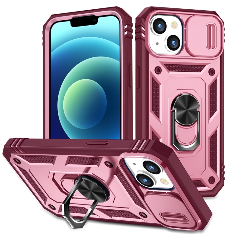 

For iPhone 15 Sliding Camshield Holder Phone Case(Pink+Rose Red)