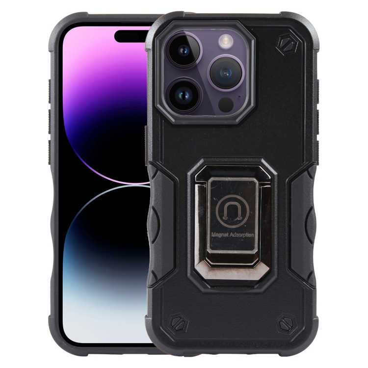 

For iPhone 15 Pro Ring Holder Non-slip Shockproof Armor Phone Case(Black)