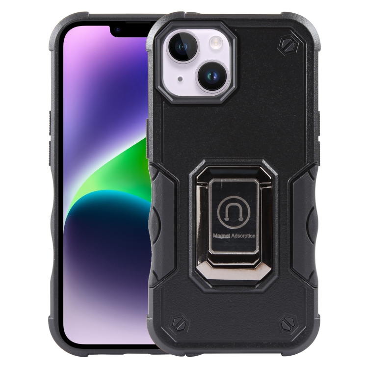 

For iPhone 15 Ring Holder Non-slip Shockproof Armor Phone Case(Black)