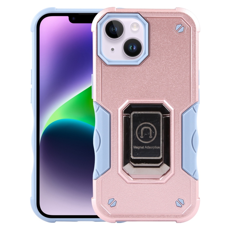 

For iPhone 15 Ring Holder Non-slip Shockproof Armor Phone Case(Rose Gold)