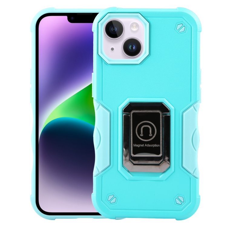 

For iPhone 15 Ring Holder Non-slip Shockproof Armor Phone Case(Mint Green)