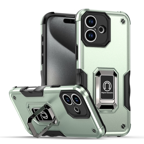 

For iPhone 16 Ring Holder Non-slip Shockproof Armor Phone Case(Mint Green)