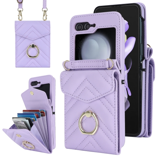 

For Samsung Galaxy Z Flip5 V-shaped RFID Card Slot Phone Case with Ring Holder(Purple)