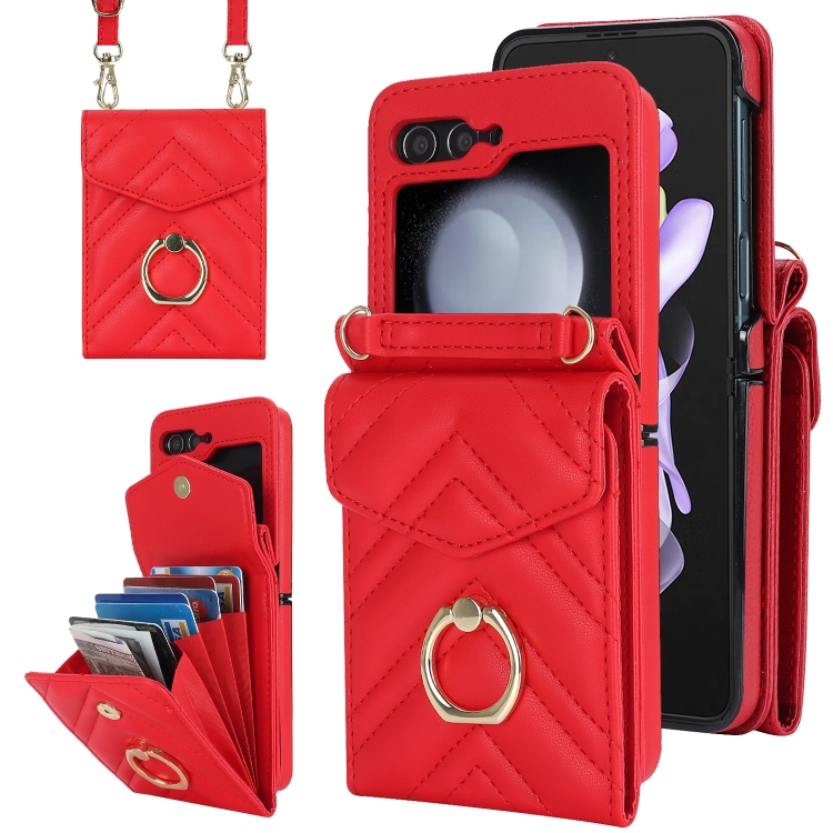 

For Samsung Galaxy Z Flip6 / Flip7 FE V-shaped RFID Card Slot Phone Case with Ring Holder(Red)