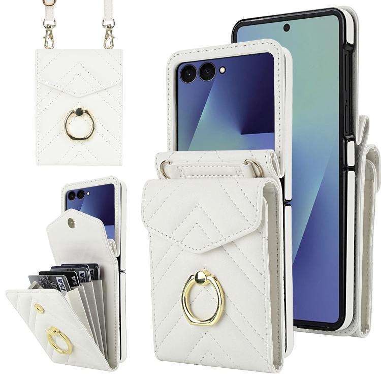 

For Samsung Galaxy Z Flip7 5G V-shaped RFID Card Slot Phone Case with Ring Holder(White)