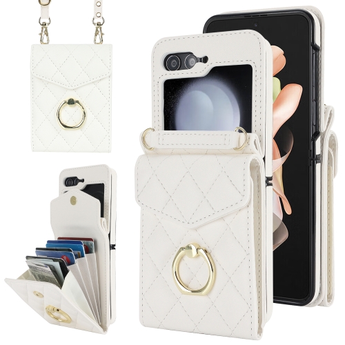 

For Samsung Galaxy Z Flip5 Diamond Lattice RFID Card Slot Phone Case with Ring Holder(White)