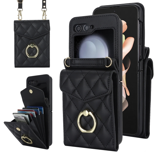 

For Samsung Galaxy Z Flip5 Diamond Lattice RFID Card Slot Phone Case with Ring Holder(Black)