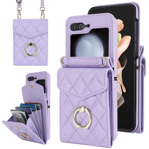 

For Samsung Galaxy Z Flip5 Diamond Lattice RFID Card Slot Phone Case with Ring Holder(Purple)