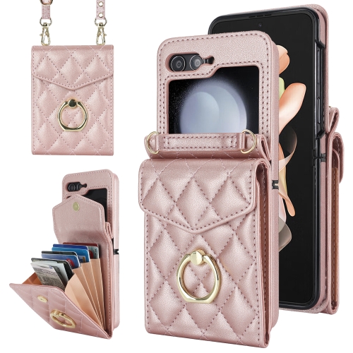 

For Samsung Galaxy Z Flip5 Diamond Lattice RFID Card Slot Phone Case with Ring Holder(Rose Gold)