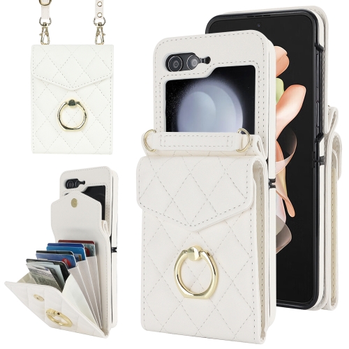 

For Samsung Galaxy Z Flip6 Diamond Lattice RFID Card Slot Phone Case with Ring Holder(White)