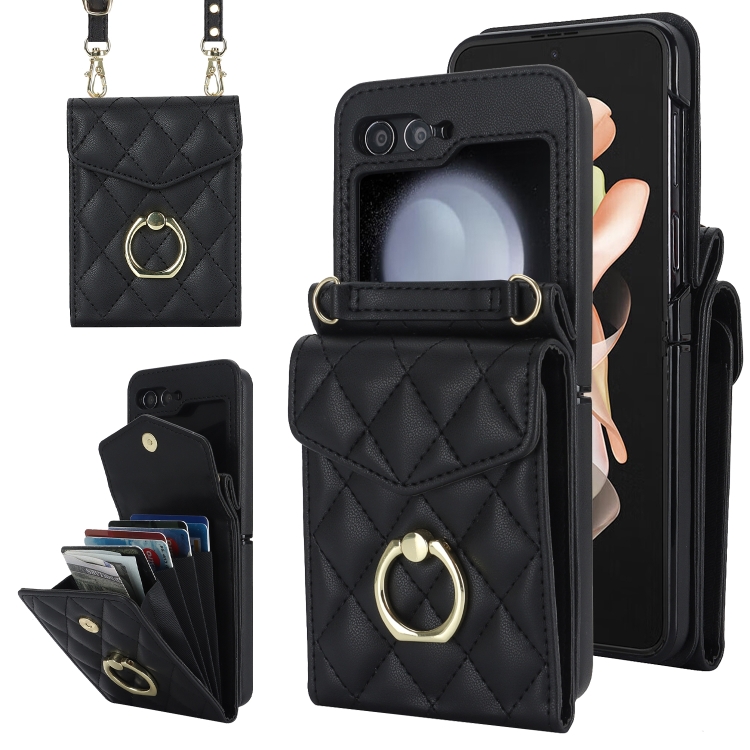 

For Samsung Galaxy Z Flip6 / Flip7 FE Diamond Lattice RFID Card Slot Phone Case with Ring Holder(Black)