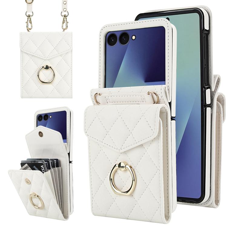 

For Samsung Galaxy Z Flip7 5G Diamond Lattice RFID Card Slot Phone Case with Ring Holder(White)