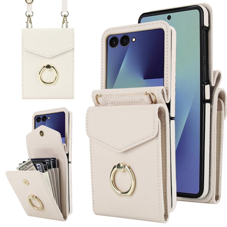 

For Samsung Galaxy Z Flip7 5G Litchi Texture RFID Card Slot Phone Case with Ring Holder(White)