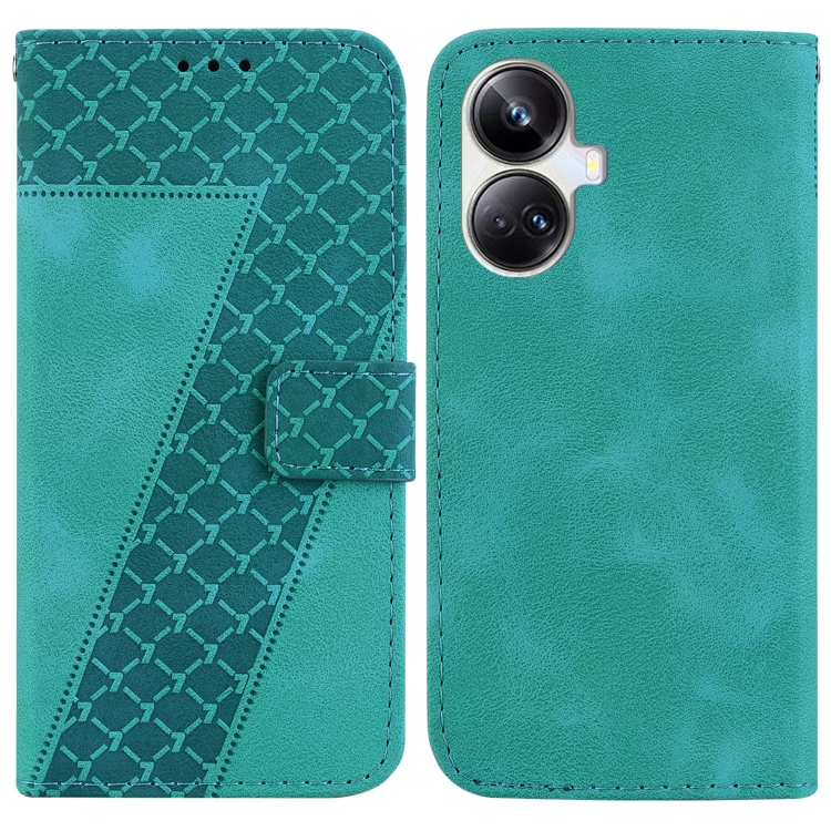 

For Realme 10 Pro+ 7-shaped Embossed Leather Phone Case(Green)
