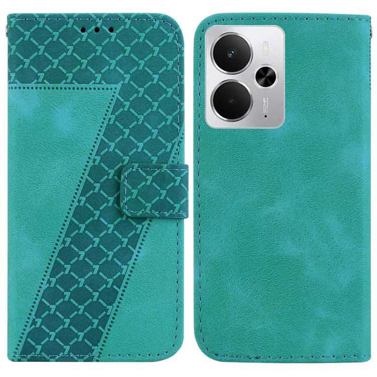 

For Realme 14 Seven-shaped Embossed Leather Phone Case(Green)