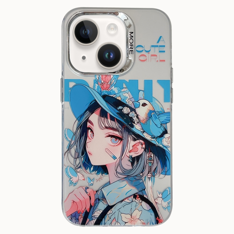 

For iPhone 14 Chinese Ancient Style Electroplated Lens Ring PC Hybrid TPU Phone Case(Girl with Blue Hat)