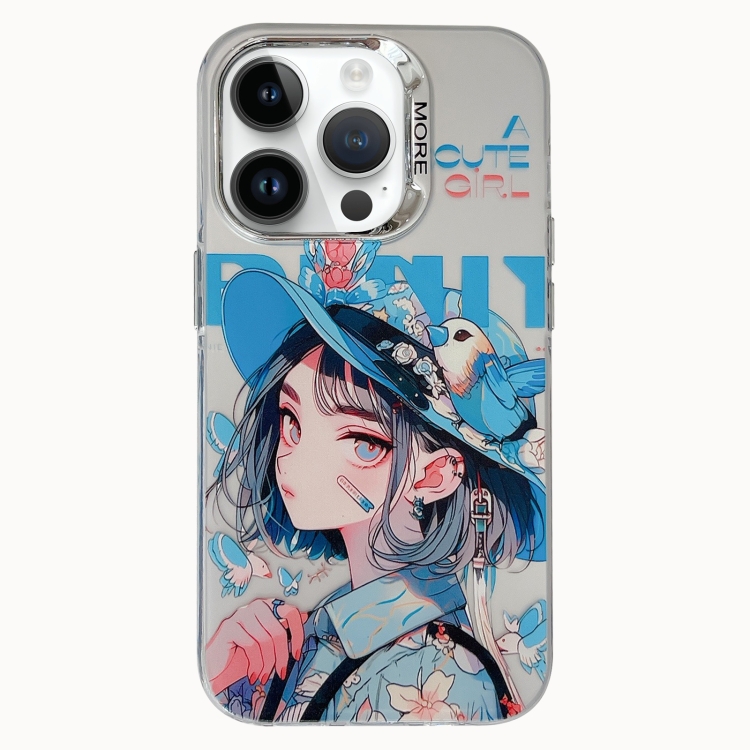 

For iPhone 14 Pro Chinese Ancient Style Electroplated Lens Ring PC Hybrid TPU Phone Case(Girl with Blue Hat)