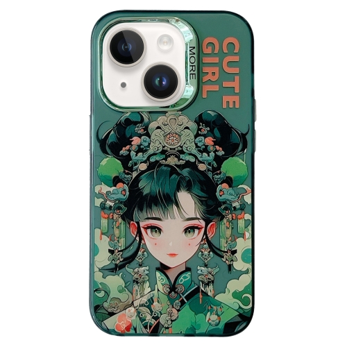 

For iPhone 14 Chinese Ancient Style Electroplated Lens Ring PC Hybrid TPU Phone Case(Green Background Girl)