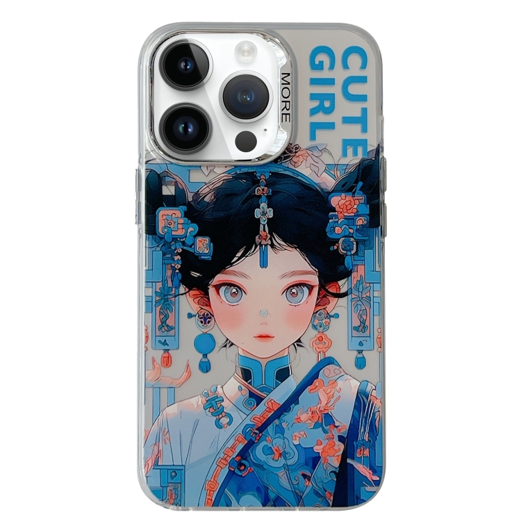 

For iPhone 13 Pro Max Chinese Ancient Style Electroplated Lens Ring PC Hybrid TPU Phone Case(Silver Background Girl)