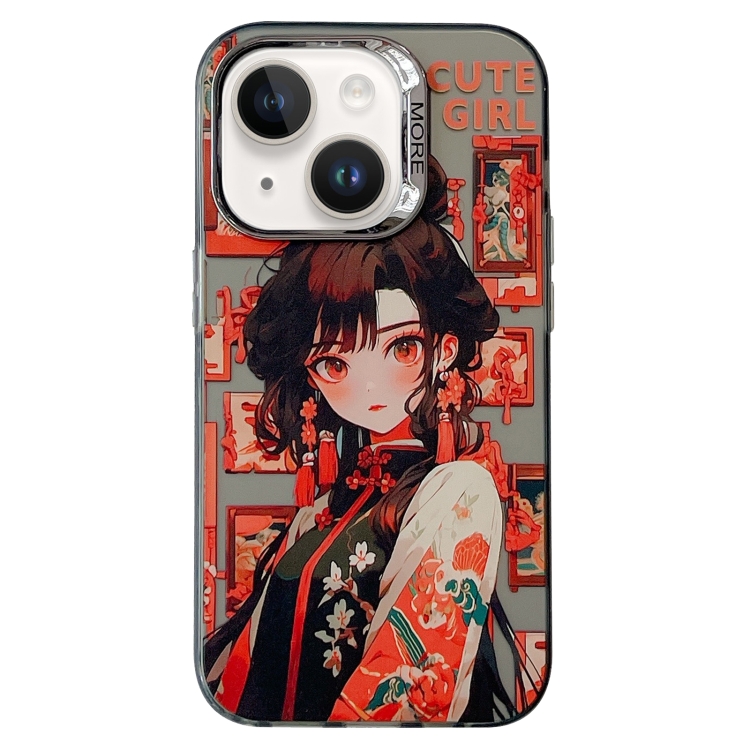 

For iPhone 13 Chinese Ancient Style Electroplated Lens Ring PC Hybrid TPU Phone Case(Red Letter Girl)