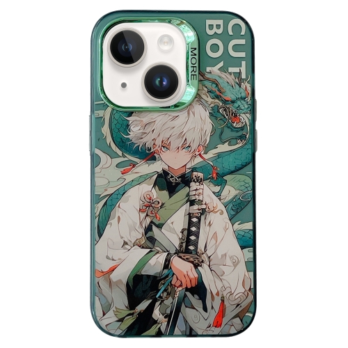 

For iPhone 13 Chinese Ancient Style Electroplated Lens Ring PC Hybrid TPU Phone Case(Green Background Boy)