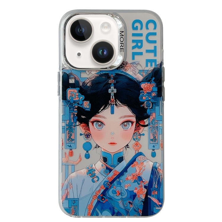 

For iPhone 13 Chinese Ancient Style Electroplated Lens Ring PC Hybrid TPU Phone Case(Silver Background Girl)