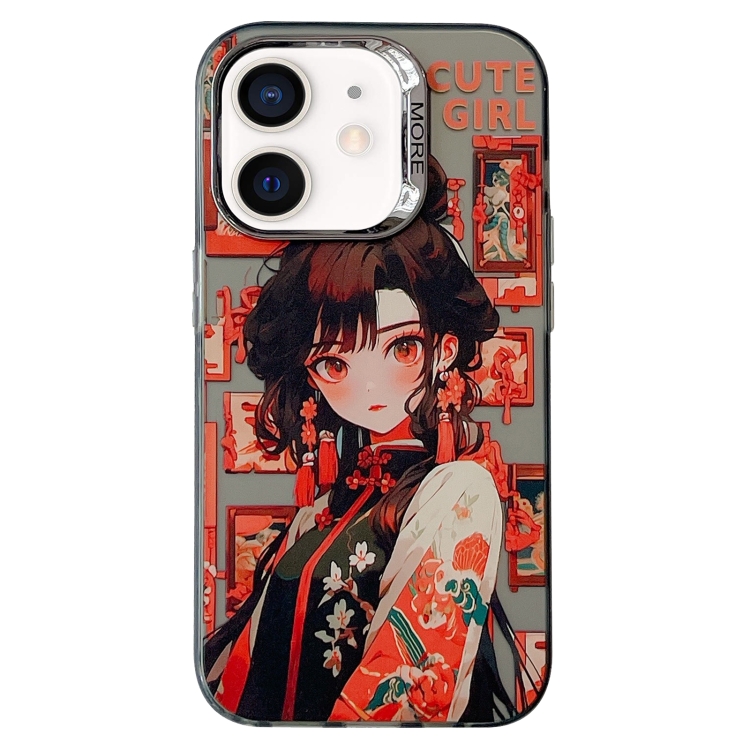 

For iPhone 12 Chinese Ancient Style Electroplated Lens Ring PC Hybrid TPU Phone Case(Red Letter Girl)