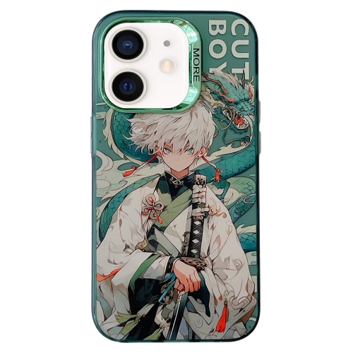 

For iPhone 12 Chinese Ancient Style Electroplated Lens Ring PC Hybrid TPU Phone Case(Green Background Boy)