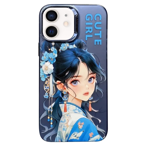 

For iPhone 12 Chinese Ancient Style Electroplated Lens Ring PC Hybrid TPU Phone Case(Purple Background Girl)