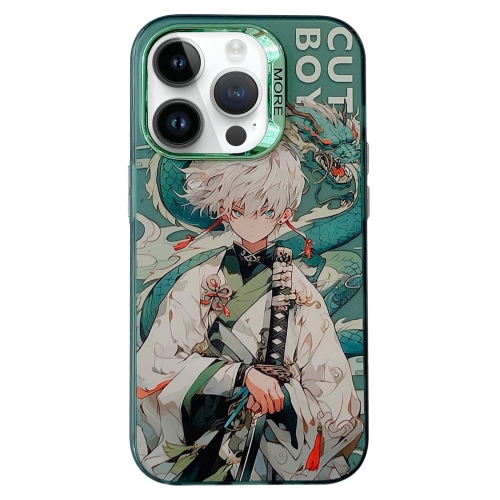 

For iPhone 12 Pro Max Chinese Ancient Style Electroplated Lens Ring PC Hybrid TPU Phone Case(Green Background Boy)
