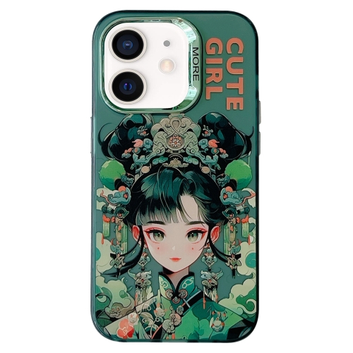 

For iPhone 11 Chinese Ancient Style Electroplated Lens Ring PC Hybrid TPU Phone Case(Green Background Girl)