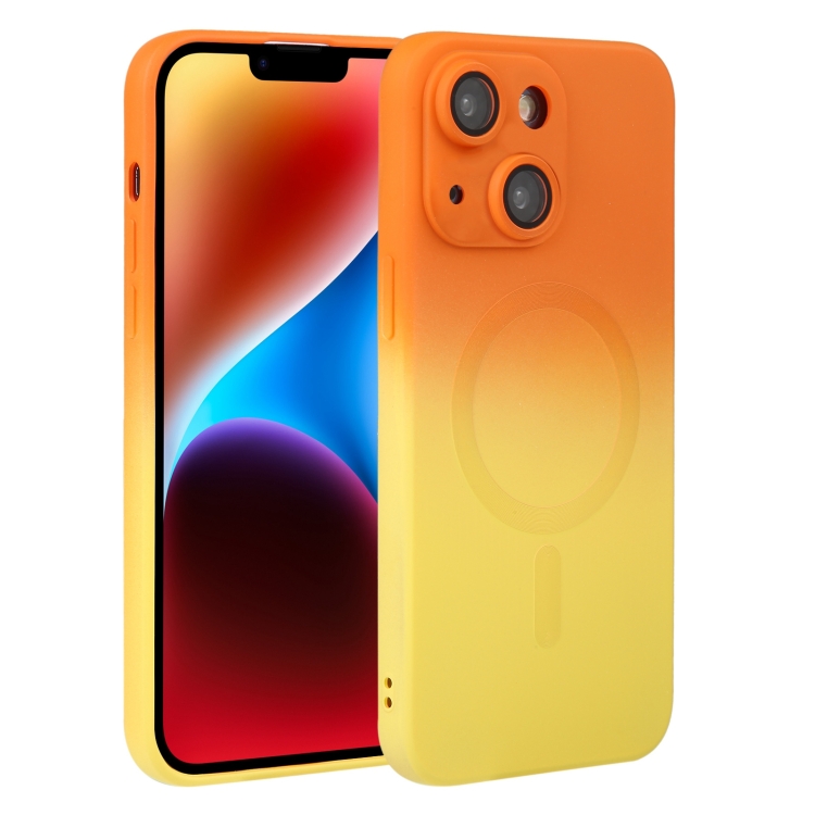 

For iPhone 15 Liquid TPU Silicone Gradient MagSafe Phone Case(Orange Yellow)