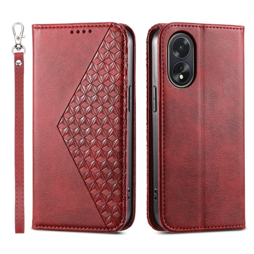 

For OPPO A38 4G Cubic Grid Calf Texture Magnetic Leather Phone Case(Red)