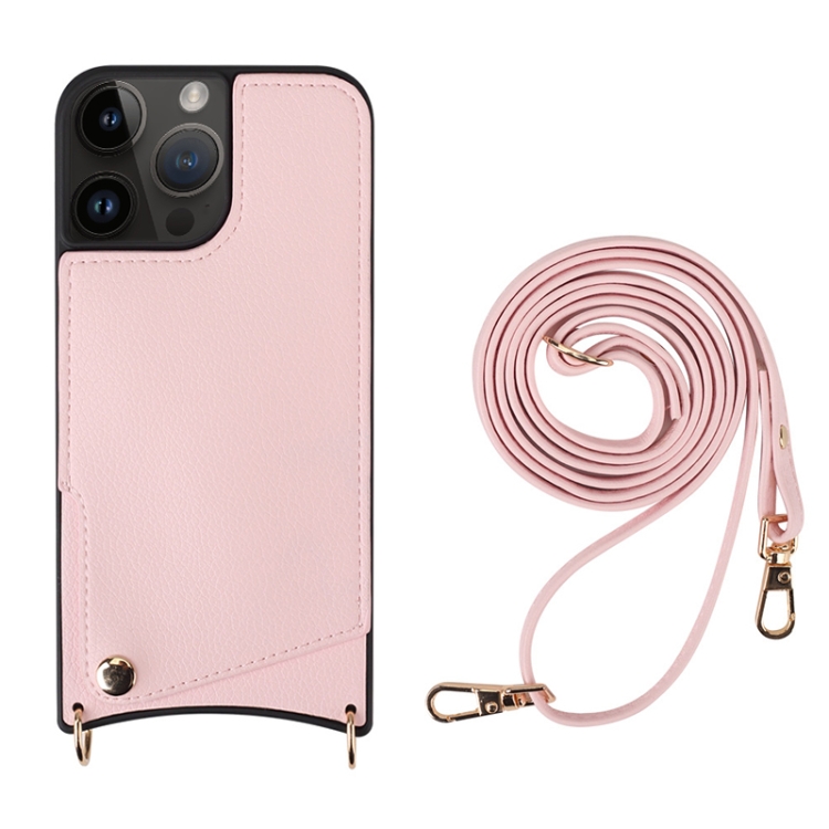 

For iPhone 14 Pro Fish Tail Card Slot PU + TPU Phone Case with Long Lanyard(Pink)