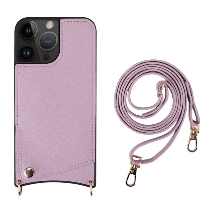 

For iPhone 14 Pro Max Fish Tail Card Slot PU + TPU Phone Case with Long Lanyard(Purple)