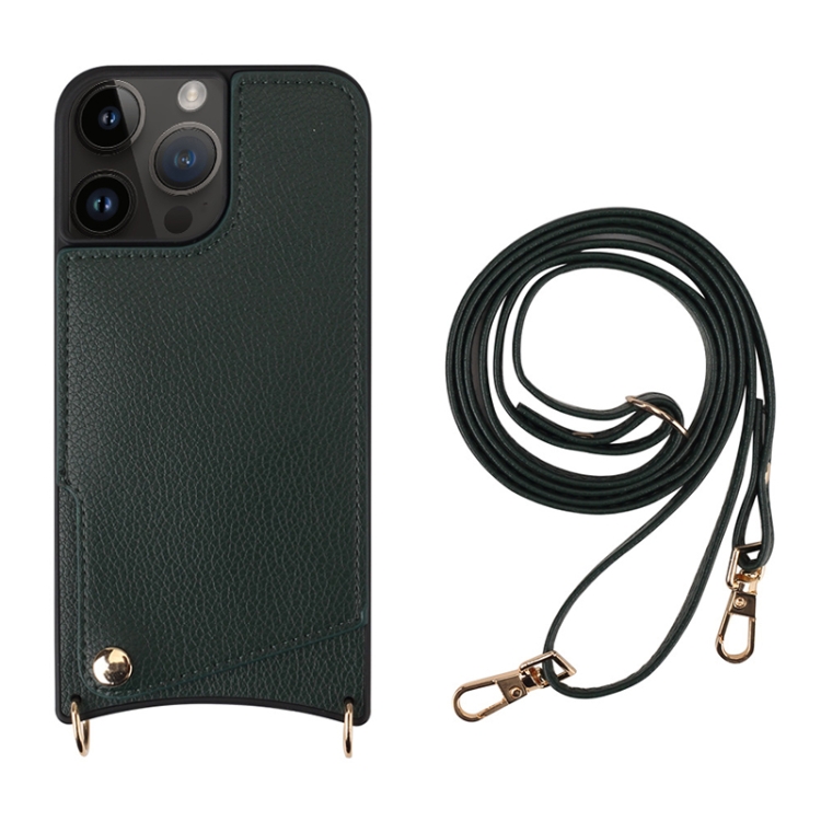 

For iPhone 13 Pro Fish Tail Card Slot PU + TPU Phone Case with Long Lanyard(Dark Green)