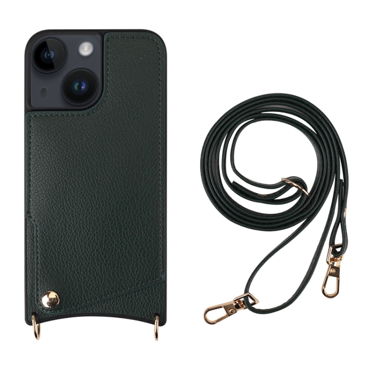 

For iPhone 13 Fish Tail Card Slot PU + TPU Phone Case with Long Lanyard(Dark Green)