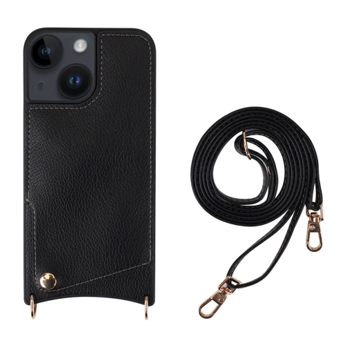 

For iPhone 13 Fish Tail Card Slot PU + TPU Phone Case with Long Lanyard(Black)