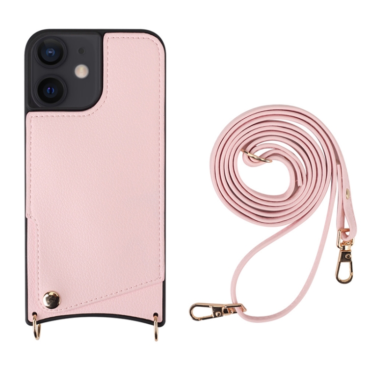 

For iPhone 12 / 12 Pro Fish Tail Card Slot PU + TPU Phone Case with Long Lanyard(Pink)