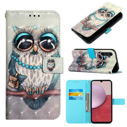 For Samsung Galaxy A15 3D Painting Horizontal Flip Leather Phone Case(Grey Owl) for iphone 11 pro max liquid silicone oil painting rabbit phone case beige grey