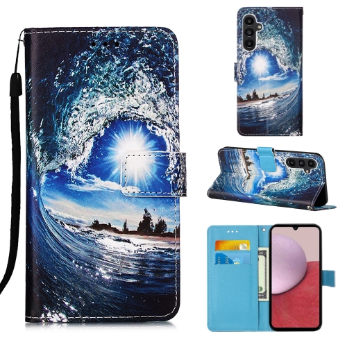 

For Samsung Galaxy S23 FE 5G Colored Drawing Pattern Plain Weave Leather Phone Case(Waves And Sun)