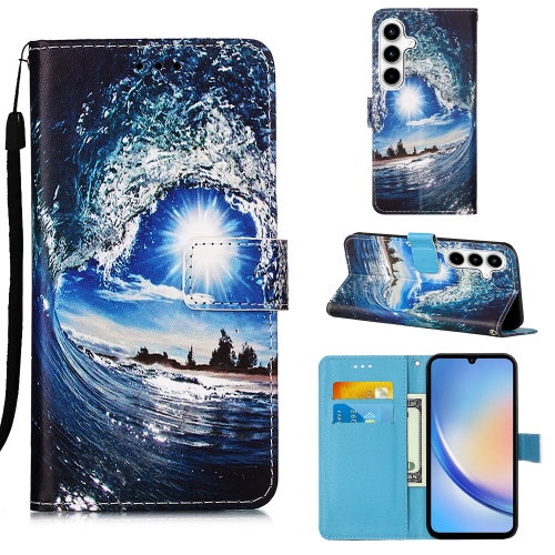 

For Samsung Galaxy A35 5G Colored Drawing Pattern Plain Weave Leather Phone Case(Waves And Sun)