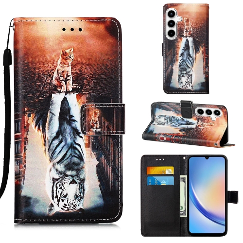 

For Samsung Galaxy A35 5G Colored Drawing Pattern Plain Weave Leather Phone Case(Cats And Tigers)
