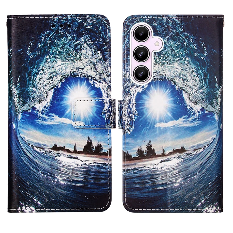 

For Samsung Galaxy A55 Colored Drawing Pattern Plain Weave Leather Phone Case(Waves And Sun)