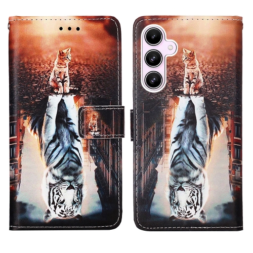 

For Samsung Galaxy A55 Colored Drawing Pattern Plain Weave Leather Phone Case(Cats And Tigers)