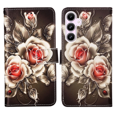 

For Samsung Galaxy A55 Colored Drawing Pattern Plain Weave Leather Phone Case(Roses On Black)