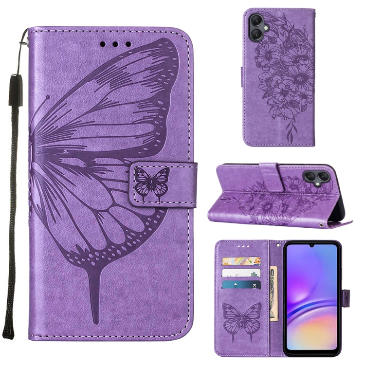 

For Samsung Galaxy A05 Embossed Butterfly Leather Phone Case(Purple)
