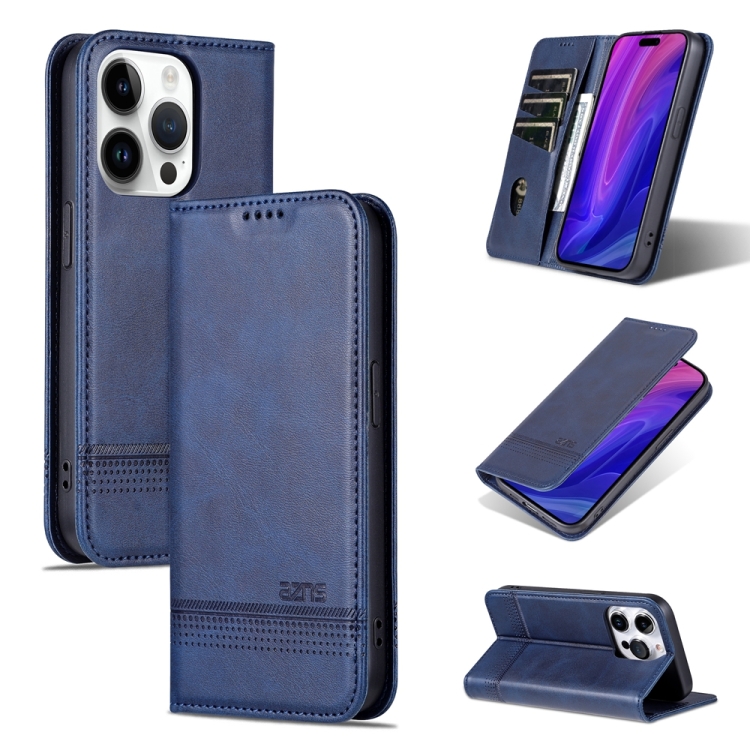 

For iPhone 15 Pro Max AZNS Magnetic Calf Texture Flip Leather Phone Case(Dark Blue)