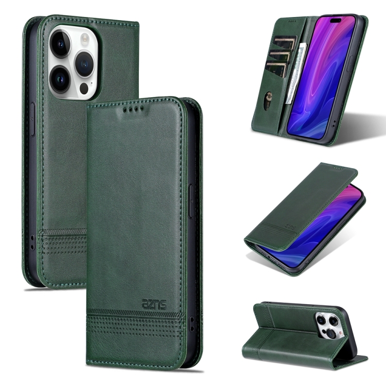 

For iPhone 15 Pro AZNS Magnetic Calf Texture Flip Leather Phone Case(Dark Green)